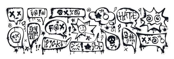 Graffiti spray paint speech bubbles or dialogue boxes with swear words, insults, skull, bomb icon, censored with symbols. Hand drawn inky swearwords with splatters. Negative emotions, anger, bad mood. vector