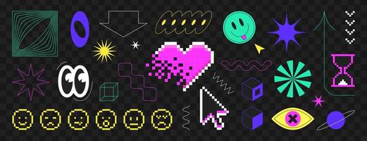 Set of y2k pixel art stickers in 8bit retro style. Smile, eyes, lines, love heart and brutalism geometric shapes. Cyberpunk elements, simple figures, stars and wireframe forms on black background. vector