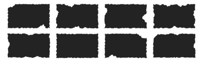 Set of black grunge rectangle frames with jagged edges. Geometric rectangular form, simple shape silhouettes of old torn paper pieces or strips. Cardboard ripped sheets or page tear with wavy edge. vector