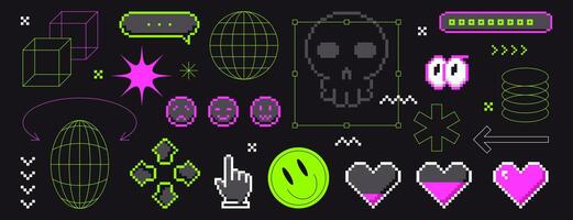 Y2k pixel art sticker set in 8bit retro style. Smile, eyes, lines, love heart and grid wireframe forms on black background. Pixelated geometric shapes. Futuristic elements, brutalism figures and stars vector