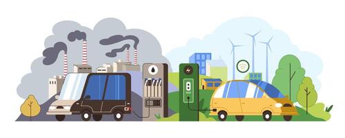 Electric car vs petrol auto. Green energy transition. Vehicle charge at ev charging station versus fill up with gasoline on petrol gas point. Pollution environment and save ecology. Reduce emissions. vector