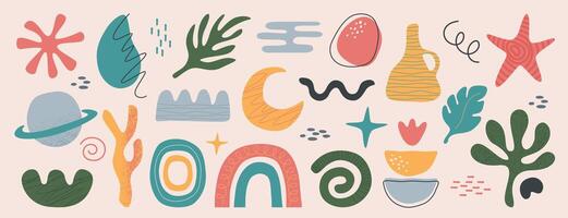 set of abstract geometric shapes, lines and nature forms. Freehand trendy basic simple figures, organic matisse design elements in minimalist style. Hand drawn freeform doodle object collection vector