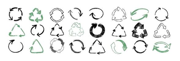 set of recycling symbols. Hand drawn chalk recycle arrow. Charcoal pencil reuse, eco friendly, environment and refresh icon. Zero waste. Reusable sketch signs. Round doodle circular arrow. vector