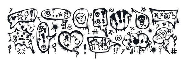 Graffiti spray paint speech bubbles with curses, insults, offensive words, skull, censored. Hand drawn ink talk frames, thinking box or text balloons with swearwords. Aggressive emotions and profanity vector