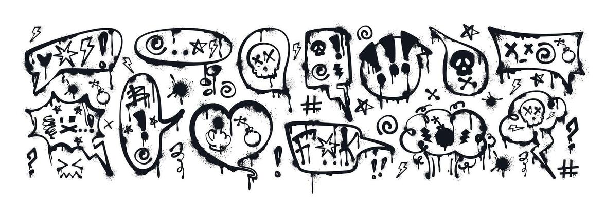 Graffiti spray paint speech bubbles with curses, insults, offensive words, skull, censored. Hand drawn ink talk frames, thinking box or text balloons with swearwords. Aggressive emotions and profanity