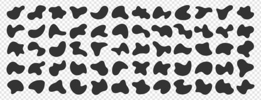 Set of irregular blobs. Black liquid drops, freeform shapes collection. Deformed random stains or organic fluid amoeba abstract forms isolated on background. Modern assymmetric blotches. vector