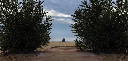 Rear view portrait of a man relaxing sitting on the beach and looking at the sea in the background. High quality photo