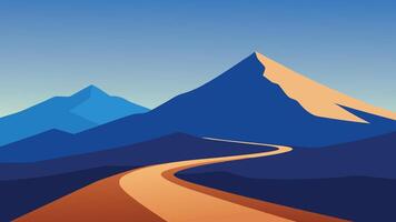 Winding road traverses through majestic mountains, with fluffy clouds drifting in the background, creating a serene landscape flat illustration vector