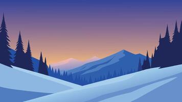 Winter landscape featuring snow-covered trees illuminated by the warm glow of the sun flat illustration. vector