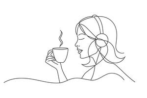Woman drinking coffee while putting on an earphone to listen to music One line continuous line art illustration on white background. vector