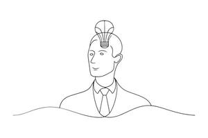 A Business man with lightbulb in the open heads One line continuous line art illustration on white backgroun vector
