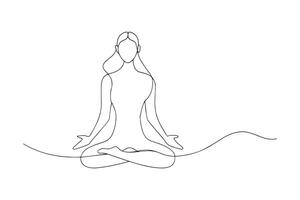 peaceful woman relaxing in lotus pose on comfortable on ground One line continuous line art illustration on white background. vector