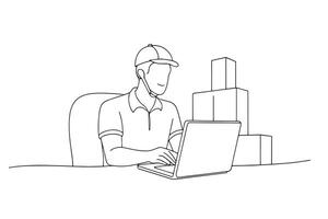 Dropshipping business owner working One line continuous line art illustration on white background vector