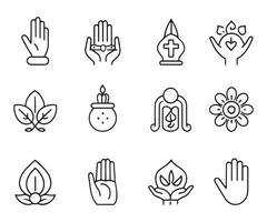 Prayer and namaste concept related pcs icons set isolated on white background flat illustration. vector