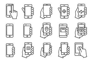 Hand holding smartphone related, 15 pcs icons set isolated on white background flat illustration vector