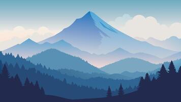 A misty mountain landscape, where fog blankets the peak and trees thrive, presenting a captivating and ethereal scene flat illustration vector