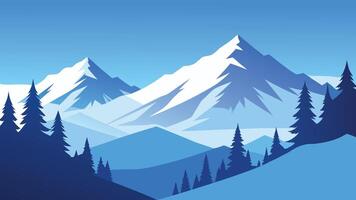 Snow covered trees stand majestically in the mountains, creating a serene winter landscape under a clear blue sky flat illustration vector