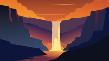 A stunning Icelandic waterfall illuminated by the warm hues of sunset, cascading down rocky cliffs into a serene pool below flat illustration. vector