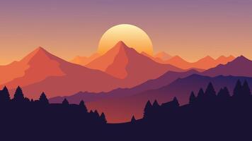 The sun sets behind mountains, illuminating the sky with warm hues while trees stand in silhouette against the backdrop flat illustration. vector