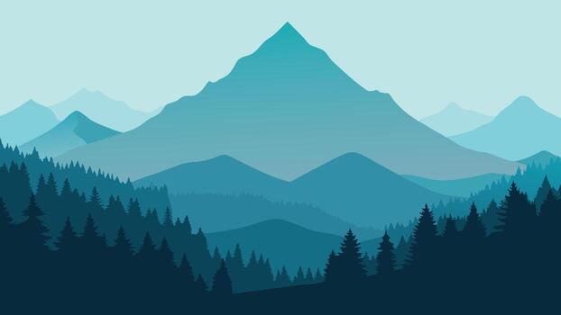 A mountain enveloped in fog, featuring a dense canopy of trees at its peak, evoking a tranquil and mysterious atmosphere flat illustration vector