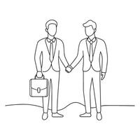 Continuous line drawing depicting two businessmen engaged in a handshake, symbolizing agreement and partnership One line continuous line art illustration on white background. vector