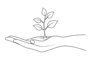 A hand gently cradles a small plant featuring a vibrant green stem, symbolizing growth and nurturing One line continuous line art illustration on white background vector