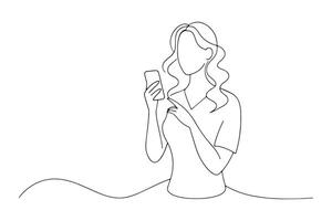 woman thinking holding phone One line continuous line art illustration on white background. vector
