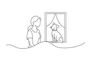 The woman and the puppy are looking out the window in a happy mood One line continuous line art illustration on white background vector