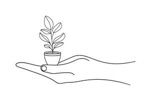 hand gently cradles a small plant One line continuous line art illustration on white background vector