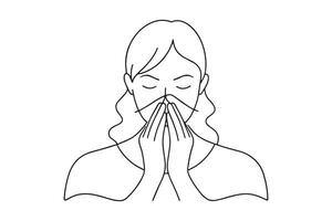 Woman sick and sad with sneezing on nose and cold cough on tissue paper because influenza and weak or virus bacteria One line continuous line art illustration on white background vector