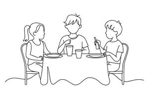 Kids on the dining table One line continuous line art illustration on white background vector