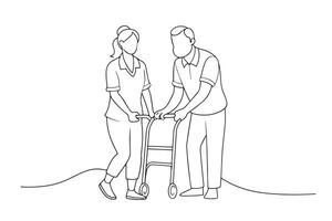 Happy female caretaker assisting senior man in using Zimmer frame at nursing hospital. One line continuous line art illustration on white background vector