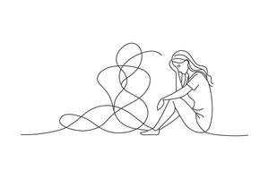 Woman with depression One line continuous line art illustration on white background. vector