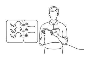 Man holding a notebook with written words To do lisT One line continuous line art illustration on white background vector