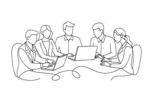 Meeting, coworking, teamwork, training, analysis, business concept One line continuous line art illustration on white background. vector