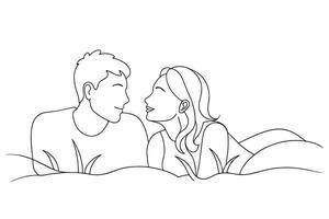 Couple laying in grass One line continuous line art illustration on white background. vector