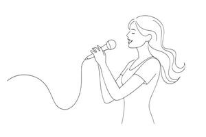 On air. young woman with microphone in studio One line continuous line art illustration on white background. vector