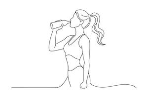woman drinking water after work out exercising One line continuous line art illustration on white background. vector