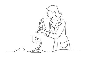 Female doctor or scientific researcher using microscope in a laboratory One line continuous line art illustration on white background vector