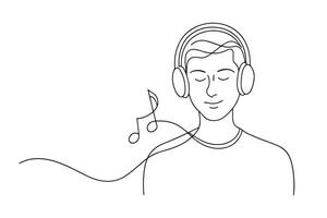 Young man with headphones listening to music One line continuous line art illustration on white background. vector