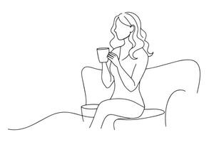 Time to relax. Girl enjoying her Morning Coffee while sitting in sofa One line continuous line art illustration on white background vector
