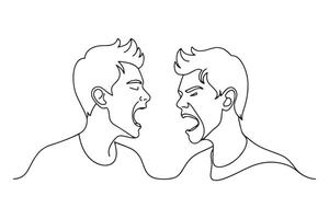 Two teenage boys screaming at each othe One line continuous line art illustration on white background vector