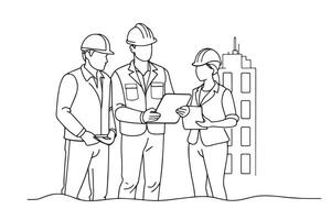 Engineers team watching and checking details on a construction site One line continuous line art illustration on white background vector