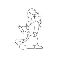 Young Woman Sitting on the floor and Reading Book One line continuous line art illustration on white background. vector