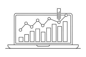 Laptop with business analytics One line continuous line art illustration on white background. vector