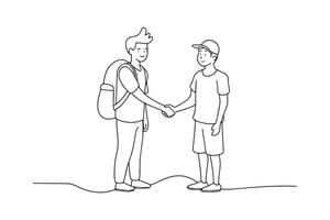 Happy young student giving a handshake to his classmate One line continuous line art illustration on white background. vector
