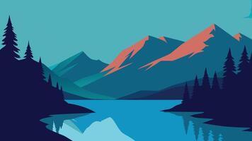 Nice lake encircled by towering mountains and vibrant trees, showcasing the harmony of the natural landscape flat illustration. vector