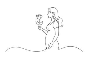 Pregnant woman with flower One line continuous line art illustration on white background vector