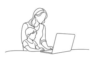Young mother with child working on the computer from home One line continuous line art illustration on white background. vector
