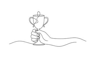 One hand with victory cup One line continuous line art illustration on white background. vector